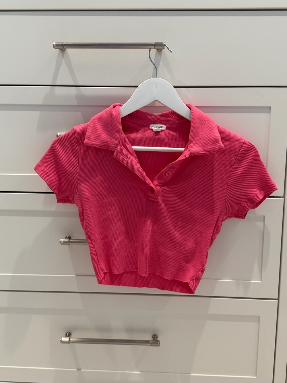 Garage Pink Ribbed Cropped Polo Top – Size S
